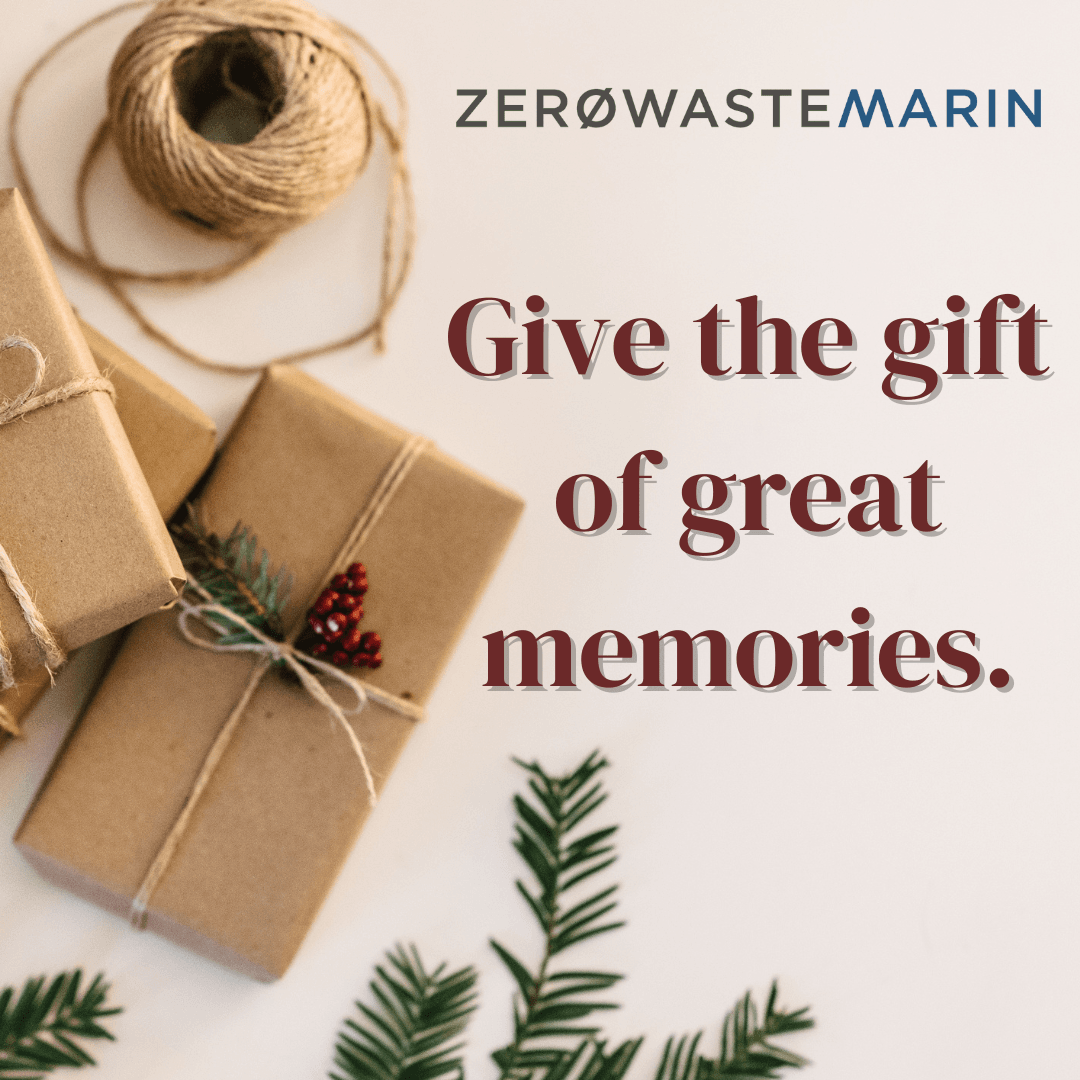 Presents wrapped in craft paper with text above stating give the gift of great memories