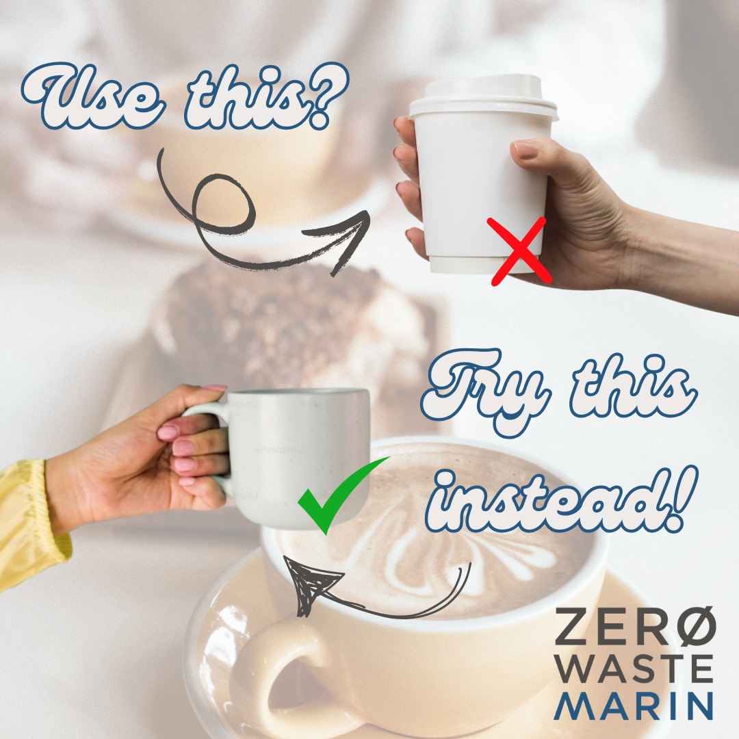 A single use coffee cup with a red x and a reusable coffee mug with a green check emphasizing to use