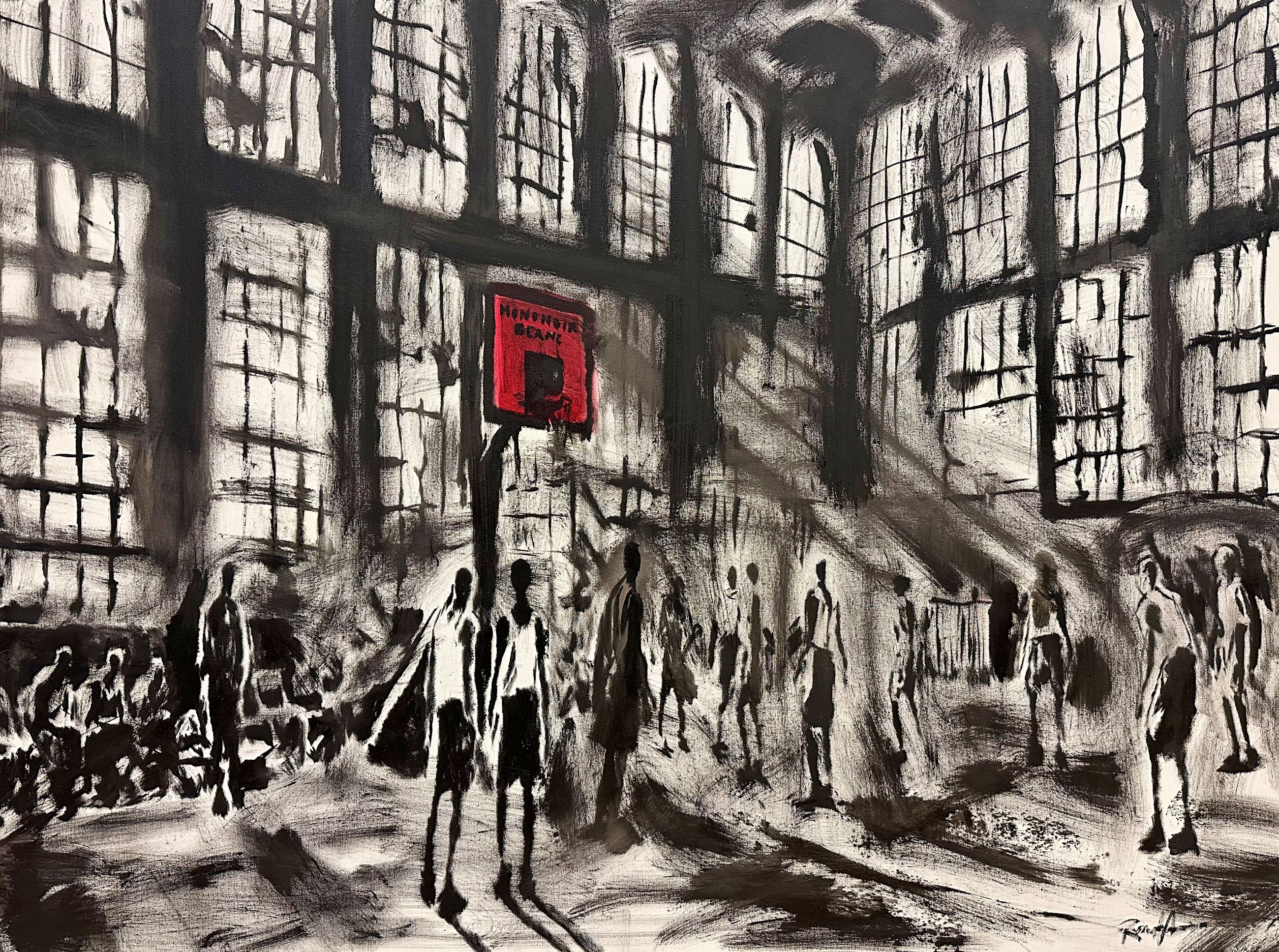 a painting of basketball players playing a pickup game in a high school gym.