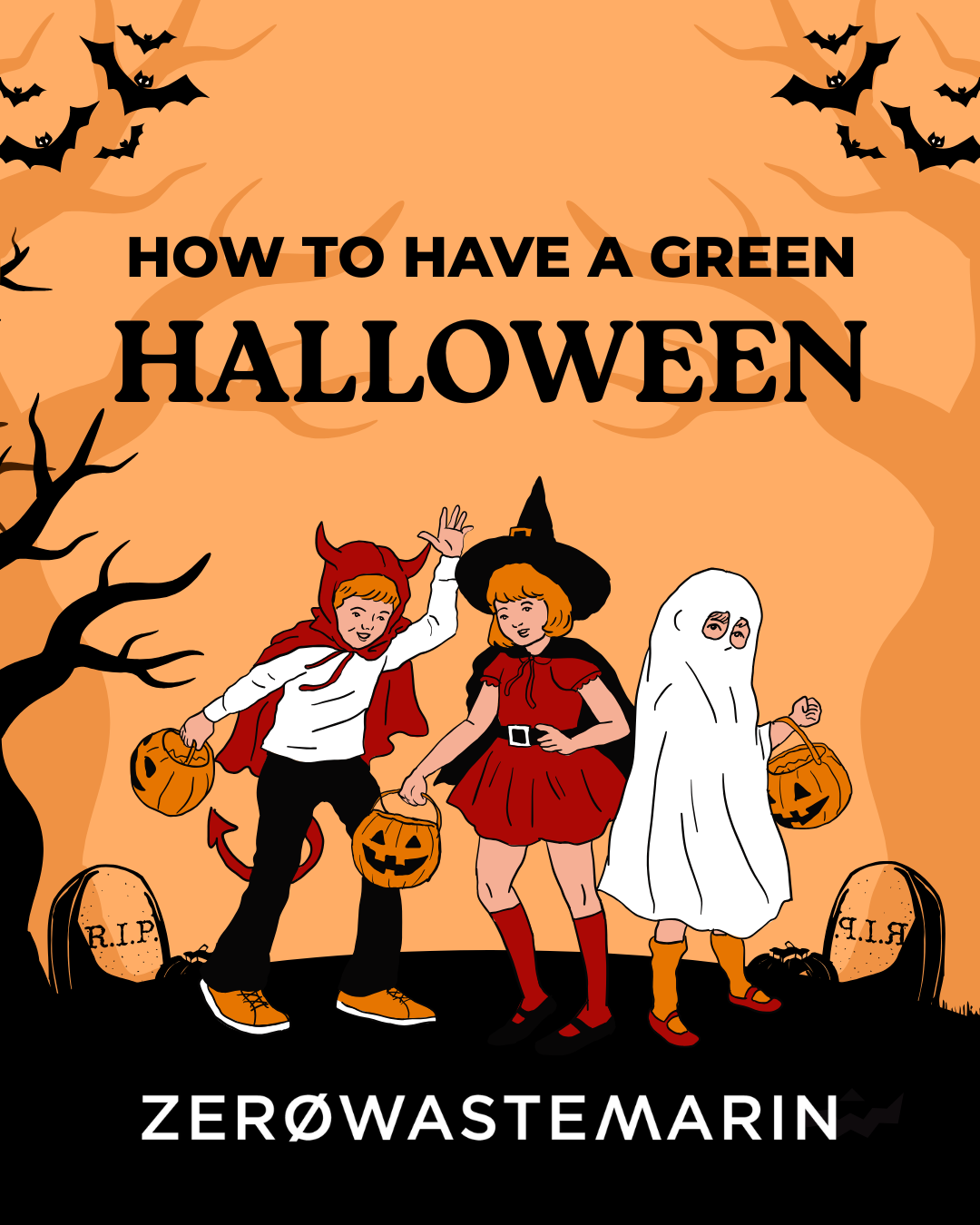 illustration of kids in halloween costumes with pumpkin candy buckets